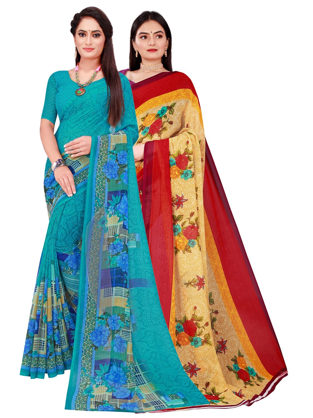 

SAADHVI Turquoise Blue & Beige Pack of 2 Printed Pure Georgette Saree