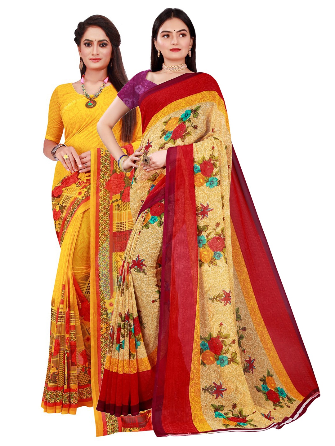 

SAADHVI Pack of 2 Yellow & Beige Pure Georgette Sarees