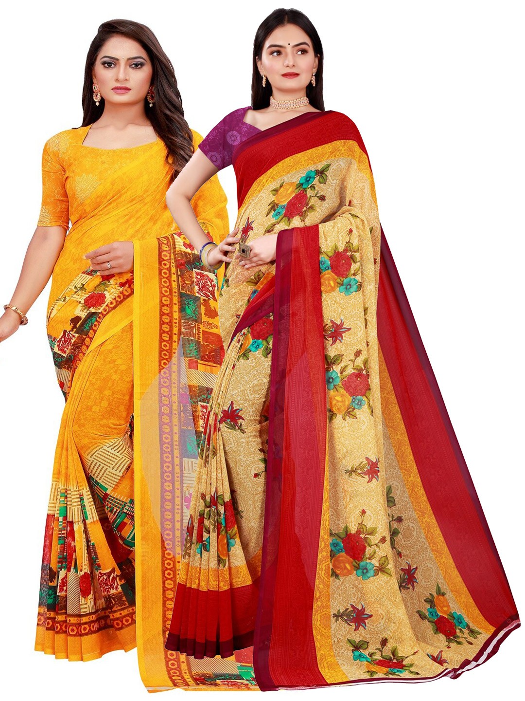 

SAADHVI Pack Of 2 Beige & Red Floral Pure Georgette Saree