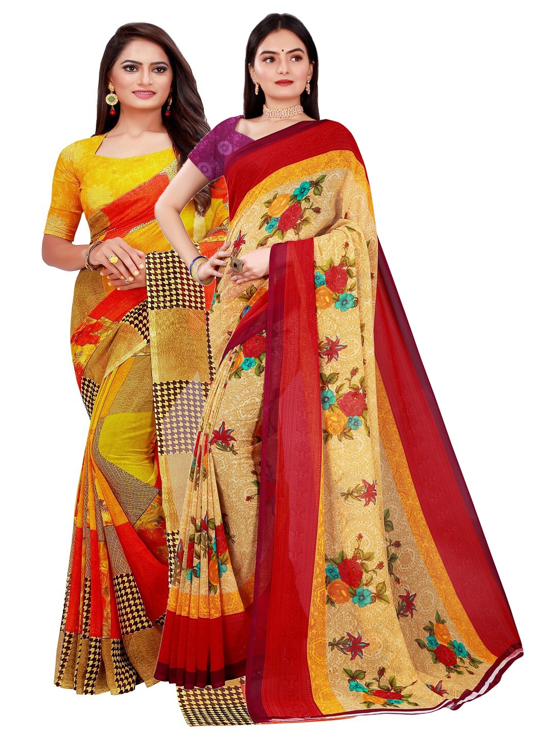 

SAADHVI Beige & Yellow Pure Georgette Pack Of 2 Saree