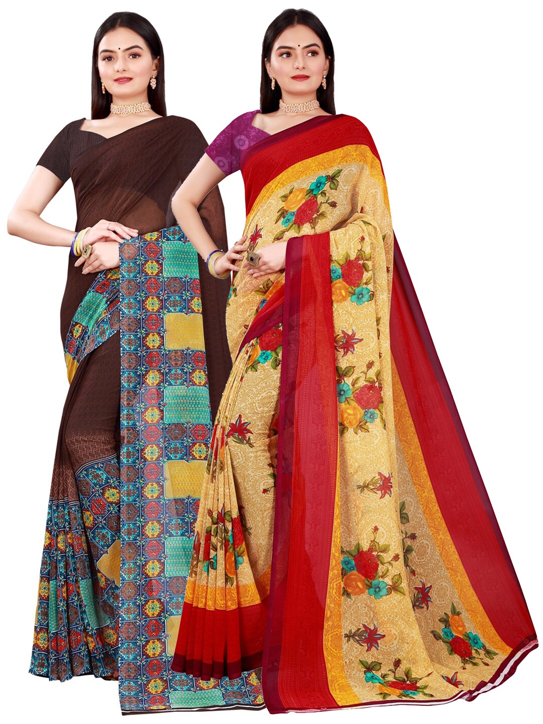 

SAADHVI Set Of 2 Brown & Red Floral Pure Georgette Saree