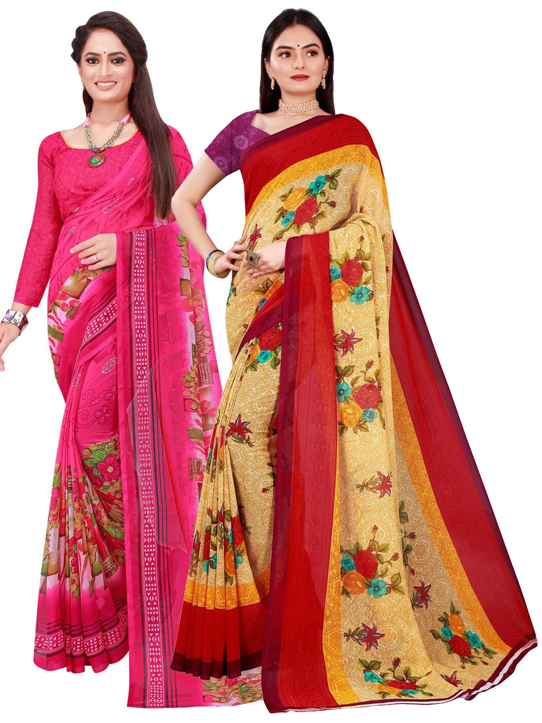 

SAADHVI Beige & Pink Pack of 2 Floral Pure Georgette Saree