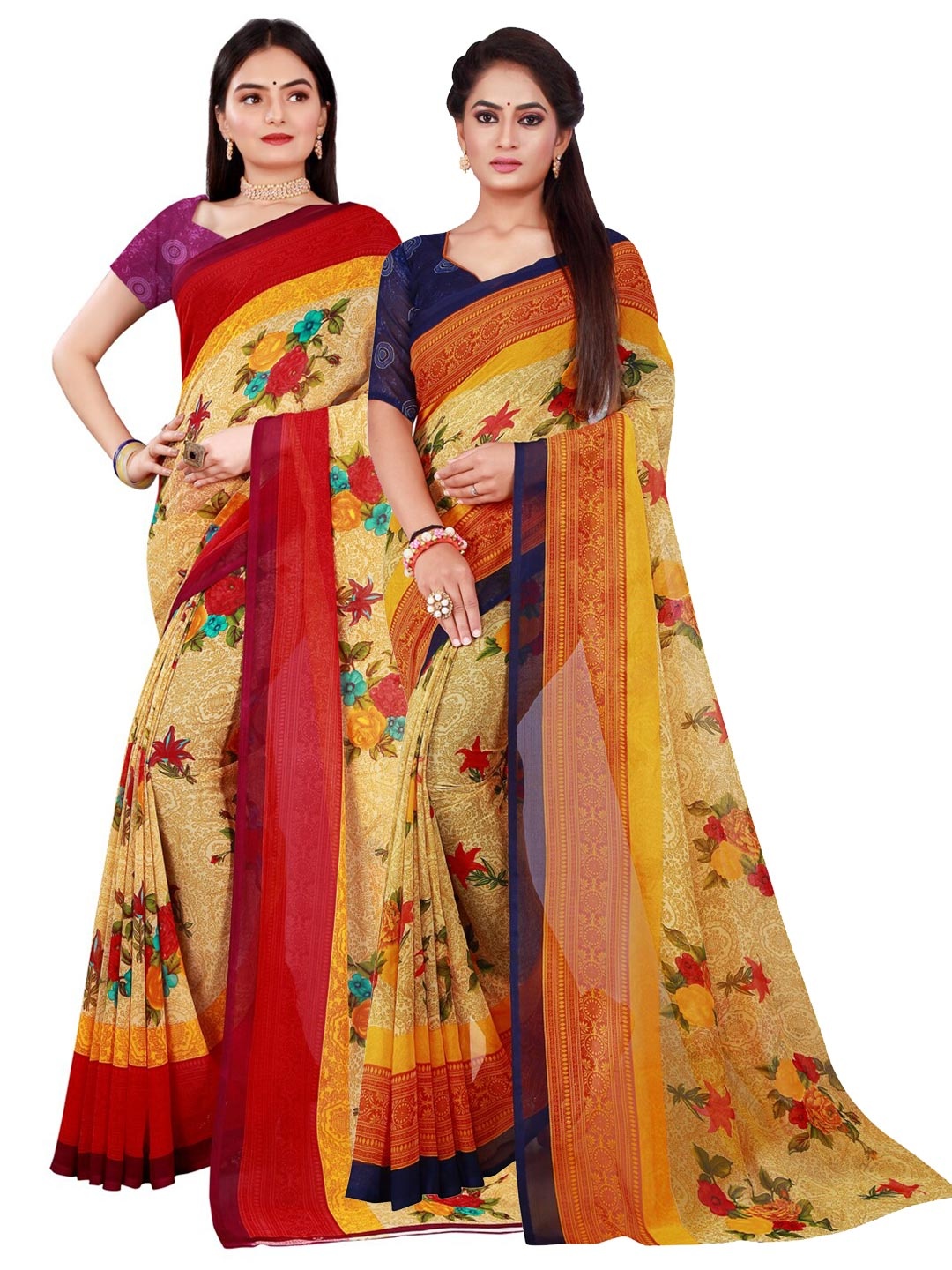 

SAADHVI 2 Beige & Blue Floral Pure Georgette Saree