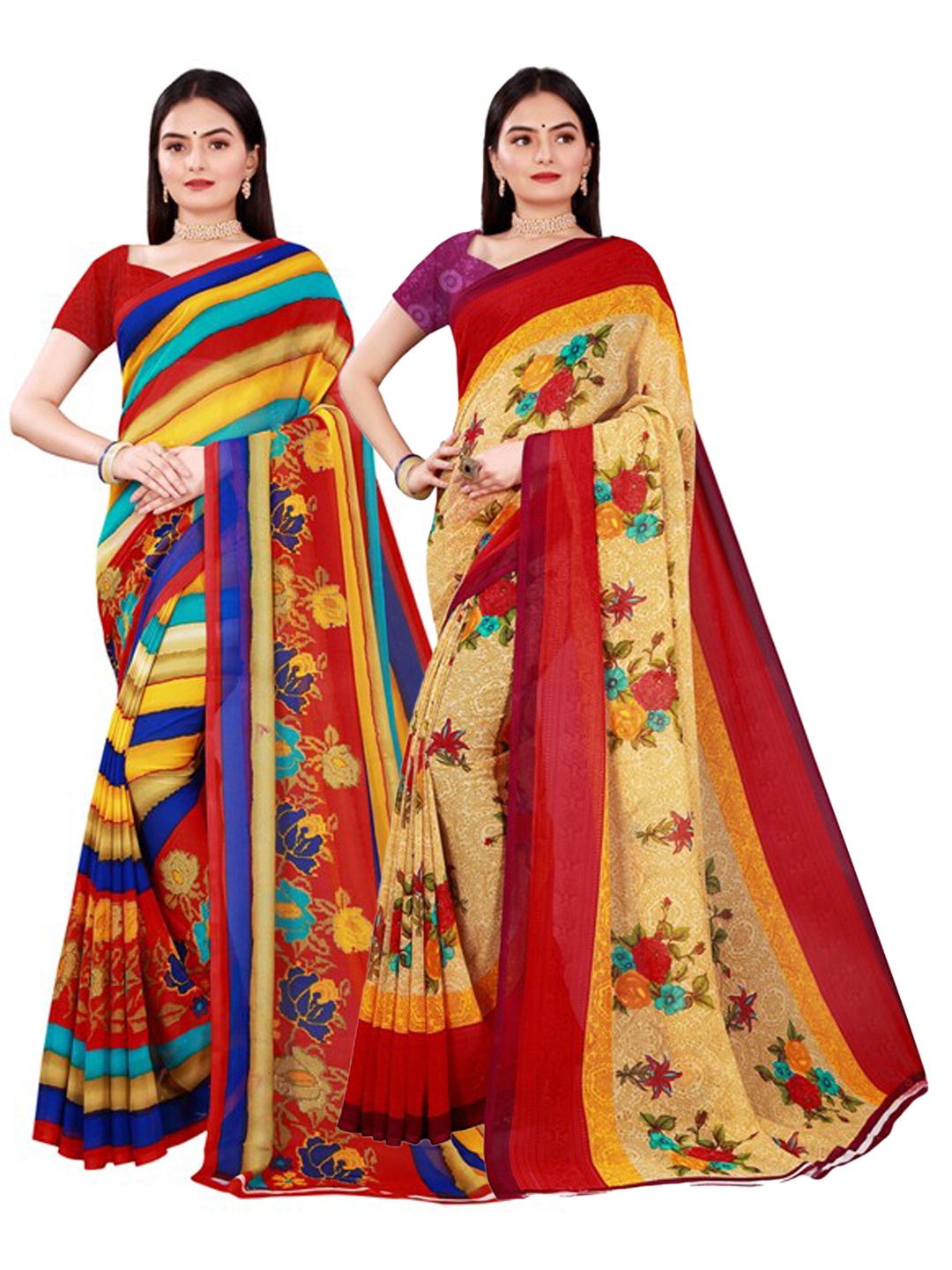 

SAADHVI Beige & Red Pure Georgette Saree