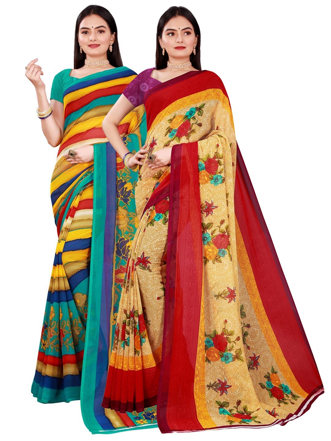 

SAADHVI Pack of 2 Beige & Red Printed Pure Georgette Saree