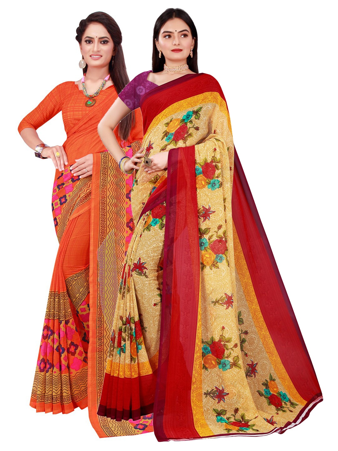 

SAADHVI Pack Of 2 Women Orange & Beige Pure Georgette Saree