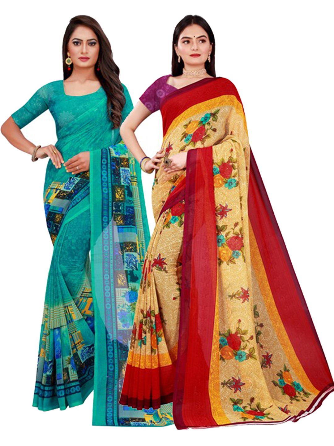 

SAADHVI Pack Of 2 Turquoise Blue & Beige Pure Georgette Saree