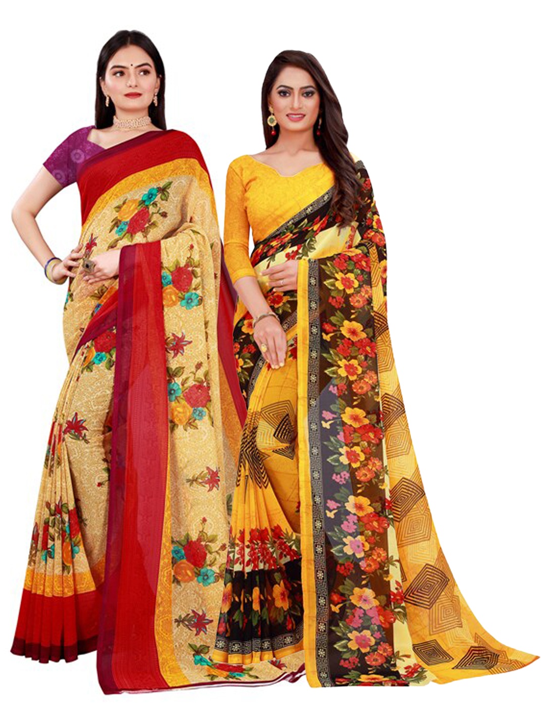 

SAADHVI Pack Of 2 Yellow & Red Floral Pure Georgette Saree