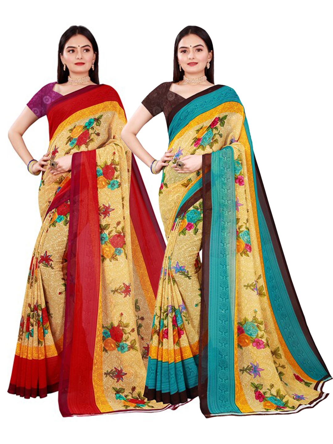 

SAADHVI Beige & Red Pack of 2 Pure Georgette Saree