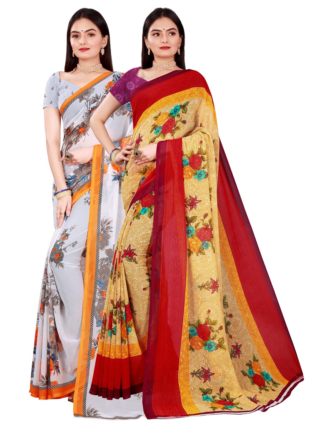 

SAADHVI Pack of 2 Beige & White Floral Pure Georgette Saree