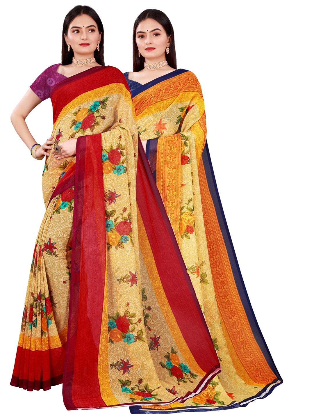 

SAADHVI Beige & Blue 2 Pure Georgette Saree