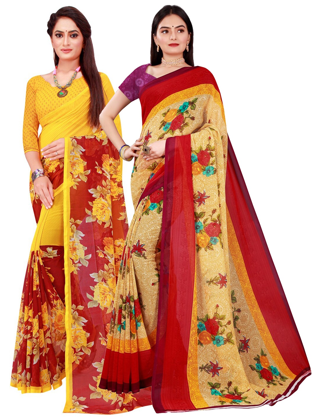 

SAADHVI Pack of 2 Beige & Yellow Floral Pure Georgette Saree