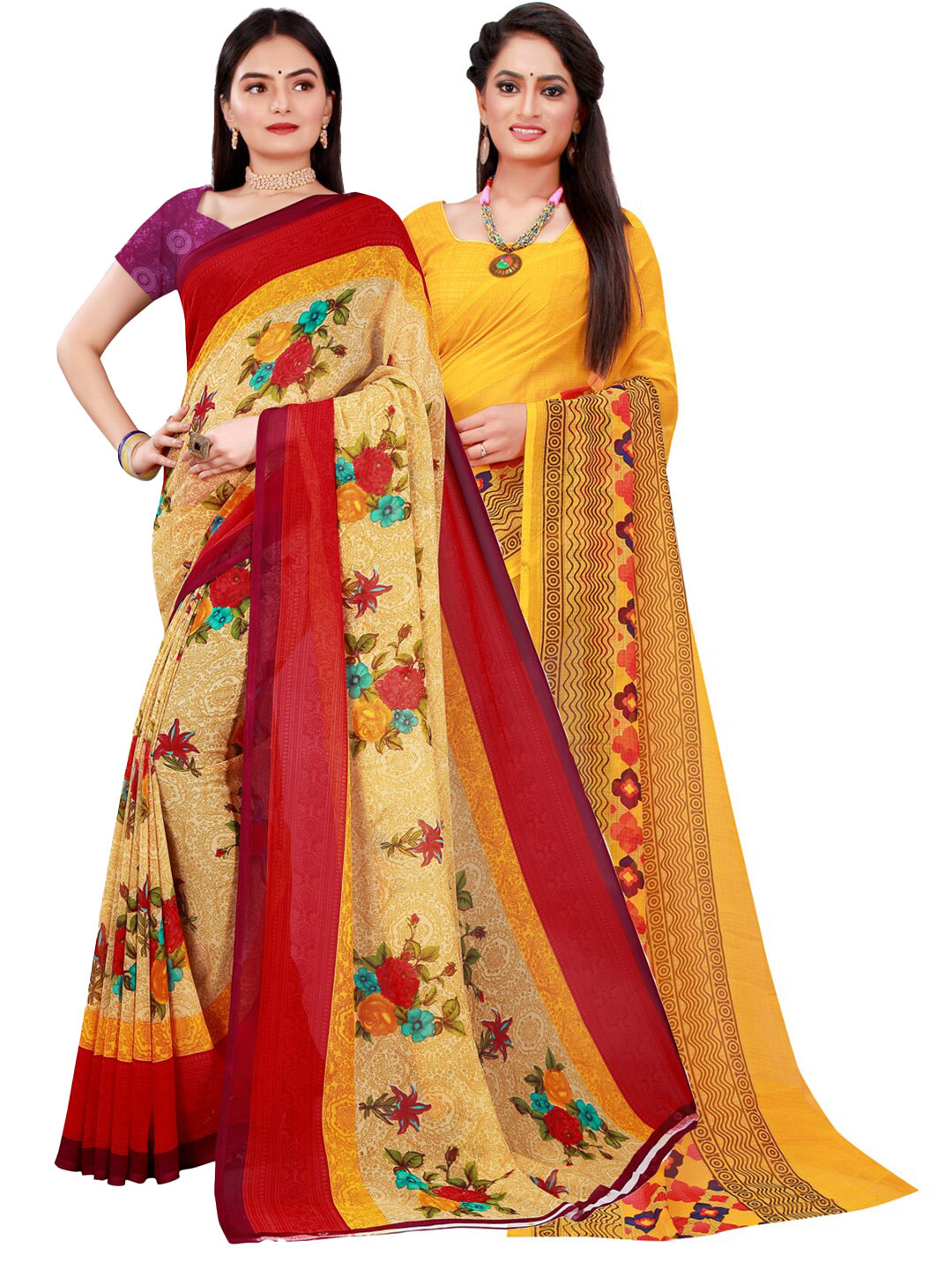 

SAADHVI Pack Of 2 Yellow & Beige Floral Pure Georgette Saree