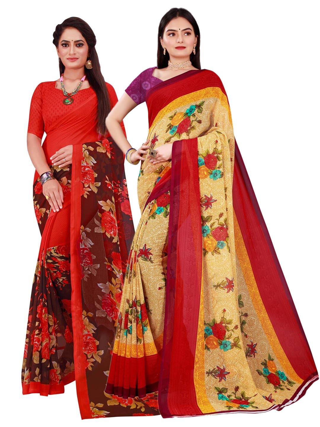 

SAADHVI Pack Of 2 Beige & Red Floral Pure Georgette Saree
