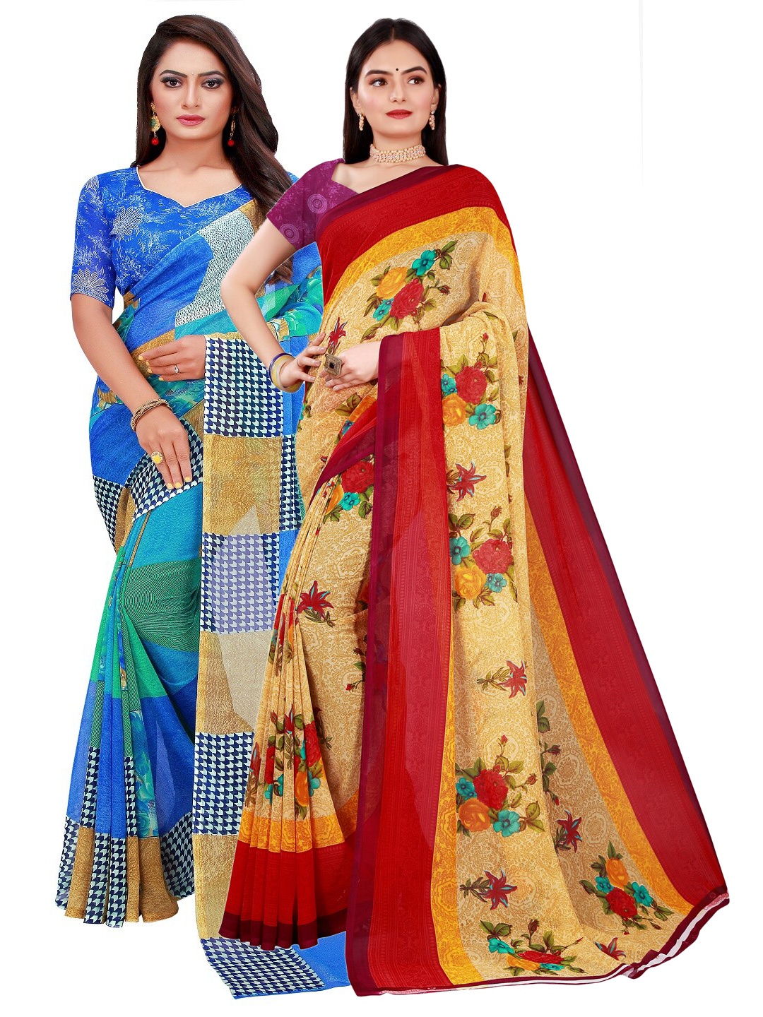 

SAADHVI Women's Georgette Blue And Beige Printed Combo Saree With Unstithed Blouse