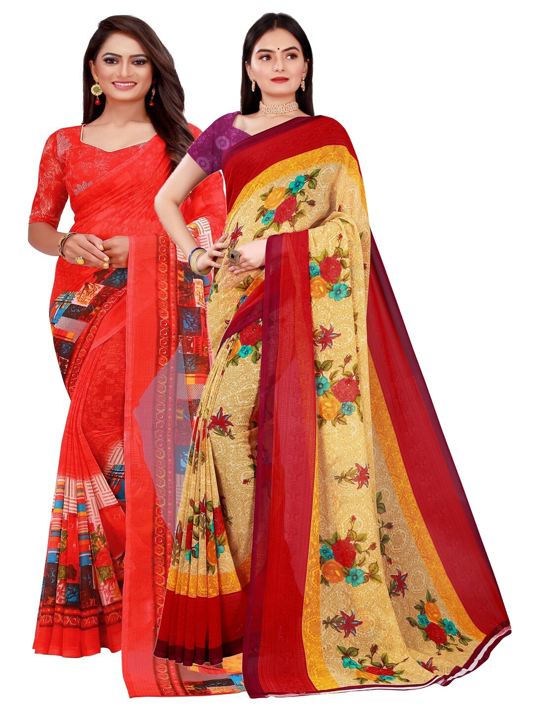

SAADHVI Women Pack Of 2 Floral Pure Georgette Saree, Beige