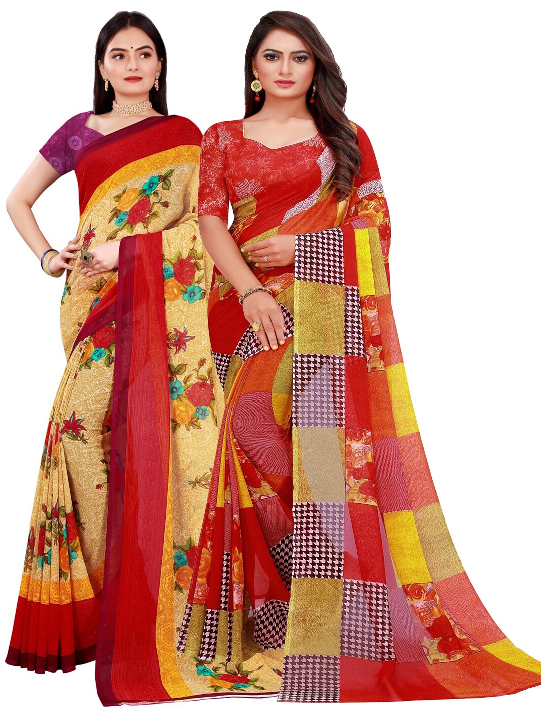 

SAADHVI Pack of 2 Beige & Red Floral Pure Georgette Saree