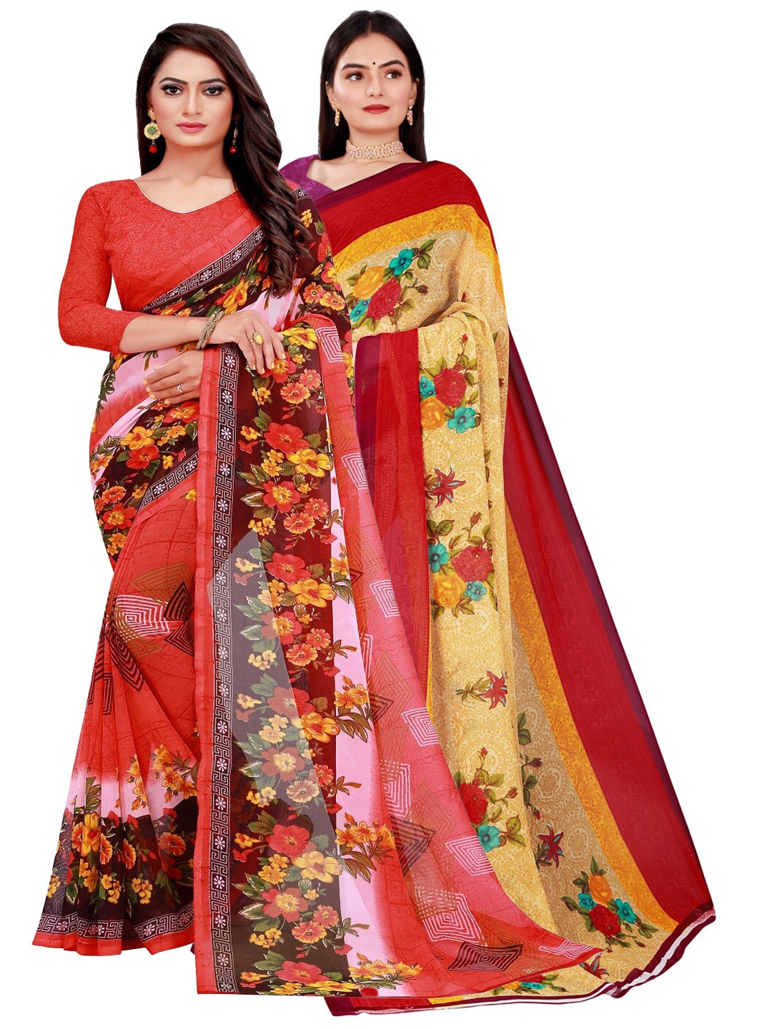 

SAADHVI Pack Of 2 Beige & Red Floral Pure Georgette Saree