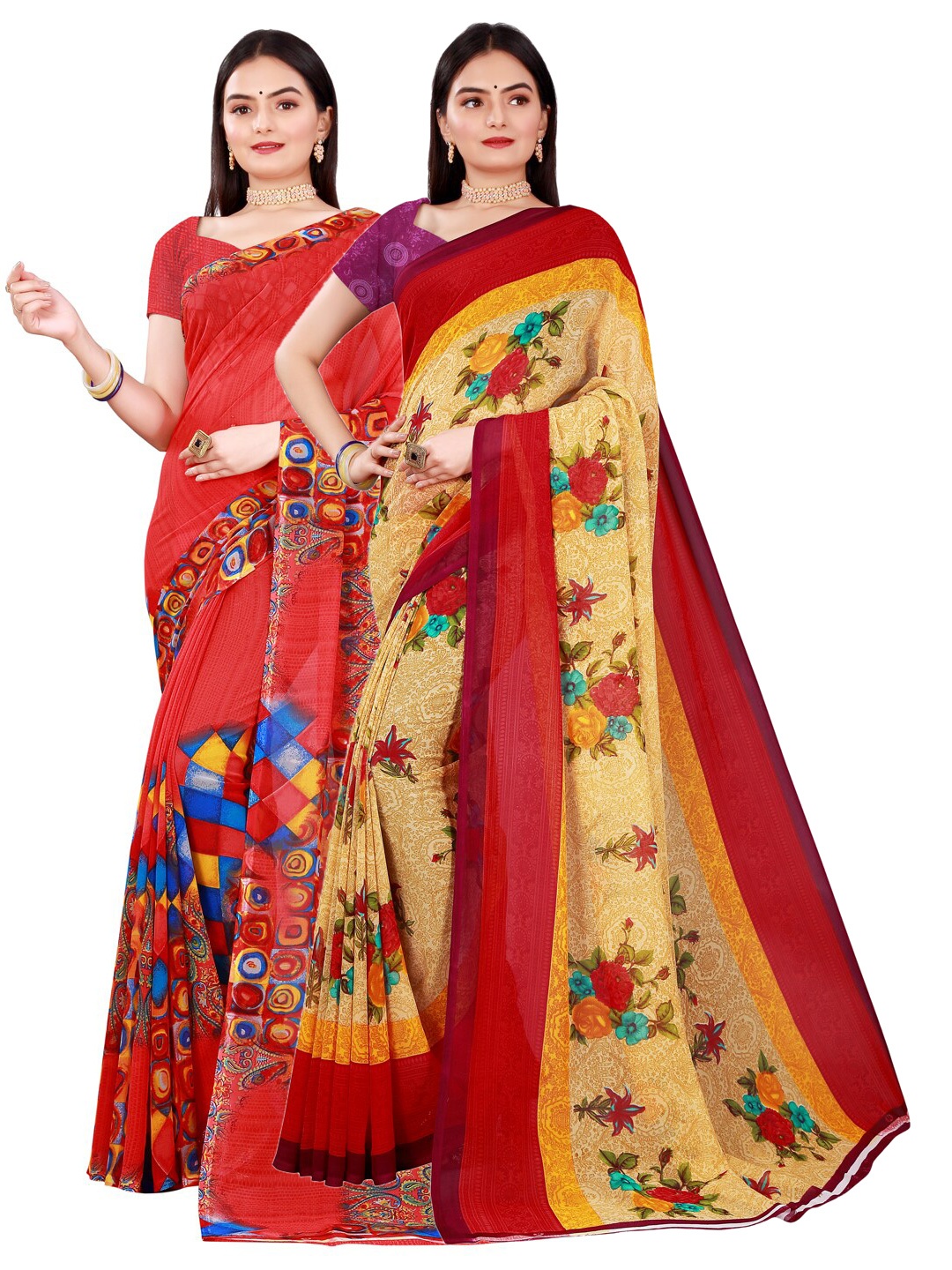 

SAADHVI Pack of 2 Red & Beige Floral Pure Georgette Saree