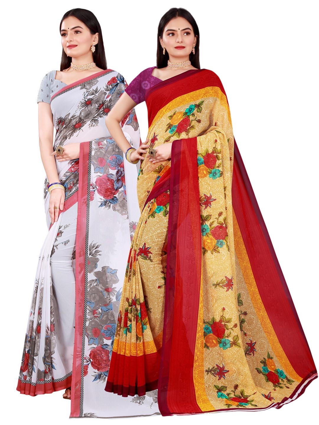 

SAADHVI Women Pack of 2 Beige & White Floral Print Pure Georgette Saree
