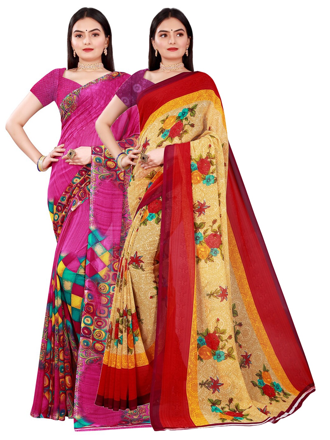 

SAADHVI Women Pack Of 2 Magenta & Beige Printed Beige Pure Georgette Saree