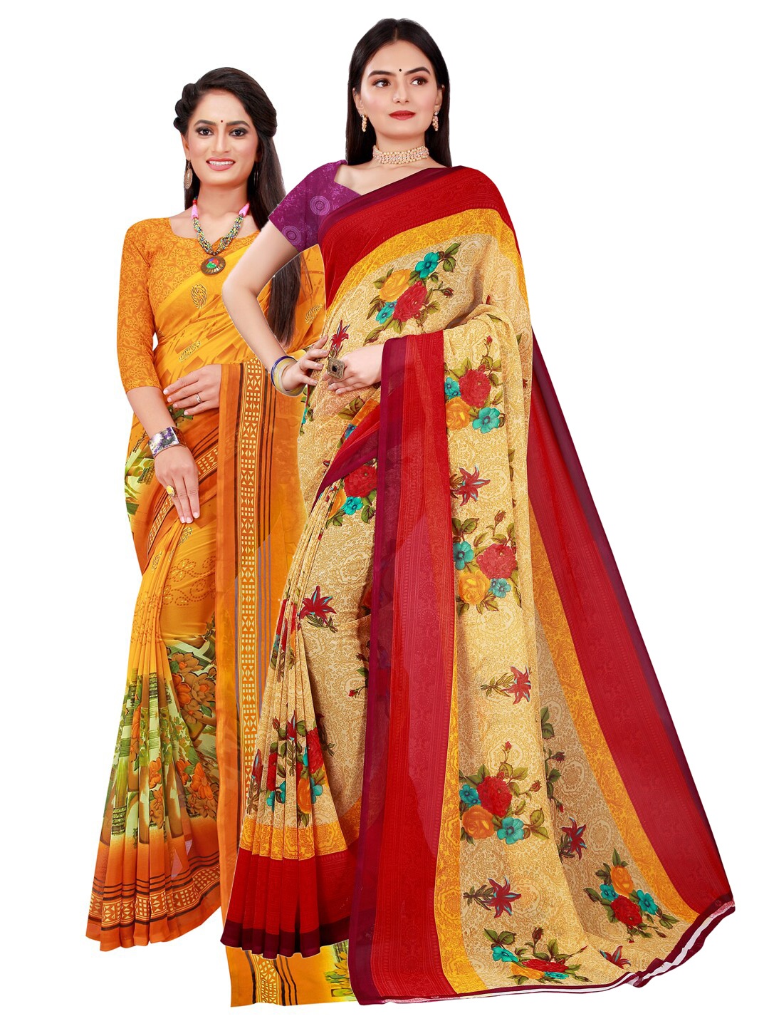 

SAADHVI Pack of 2 Beige & Yellow Printed Pure Georgette Saree With Unstitched Blouse Piece
