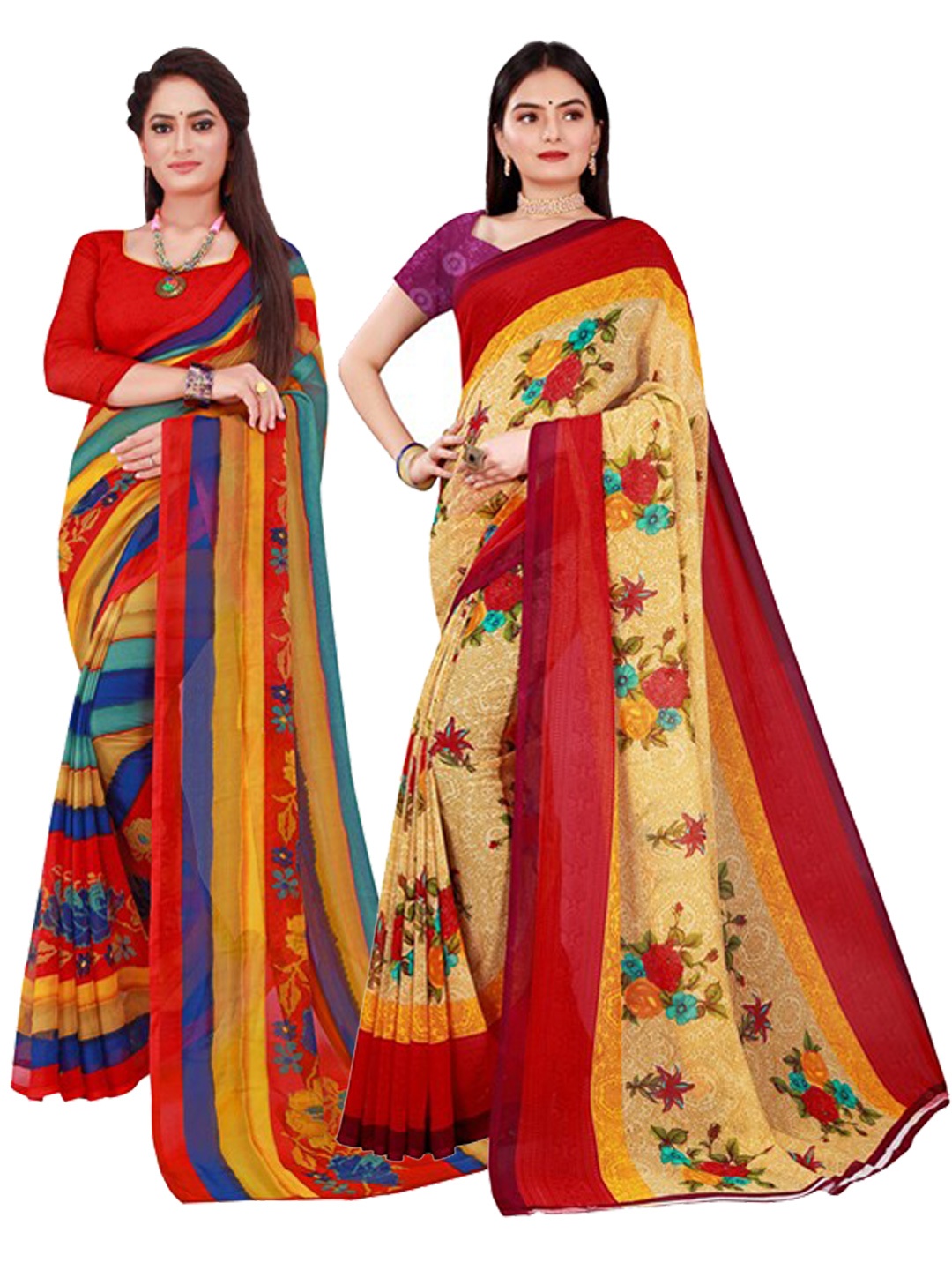 

SAADHVI Beige & Red Pack of 2 Printed Pure Georgette Saree