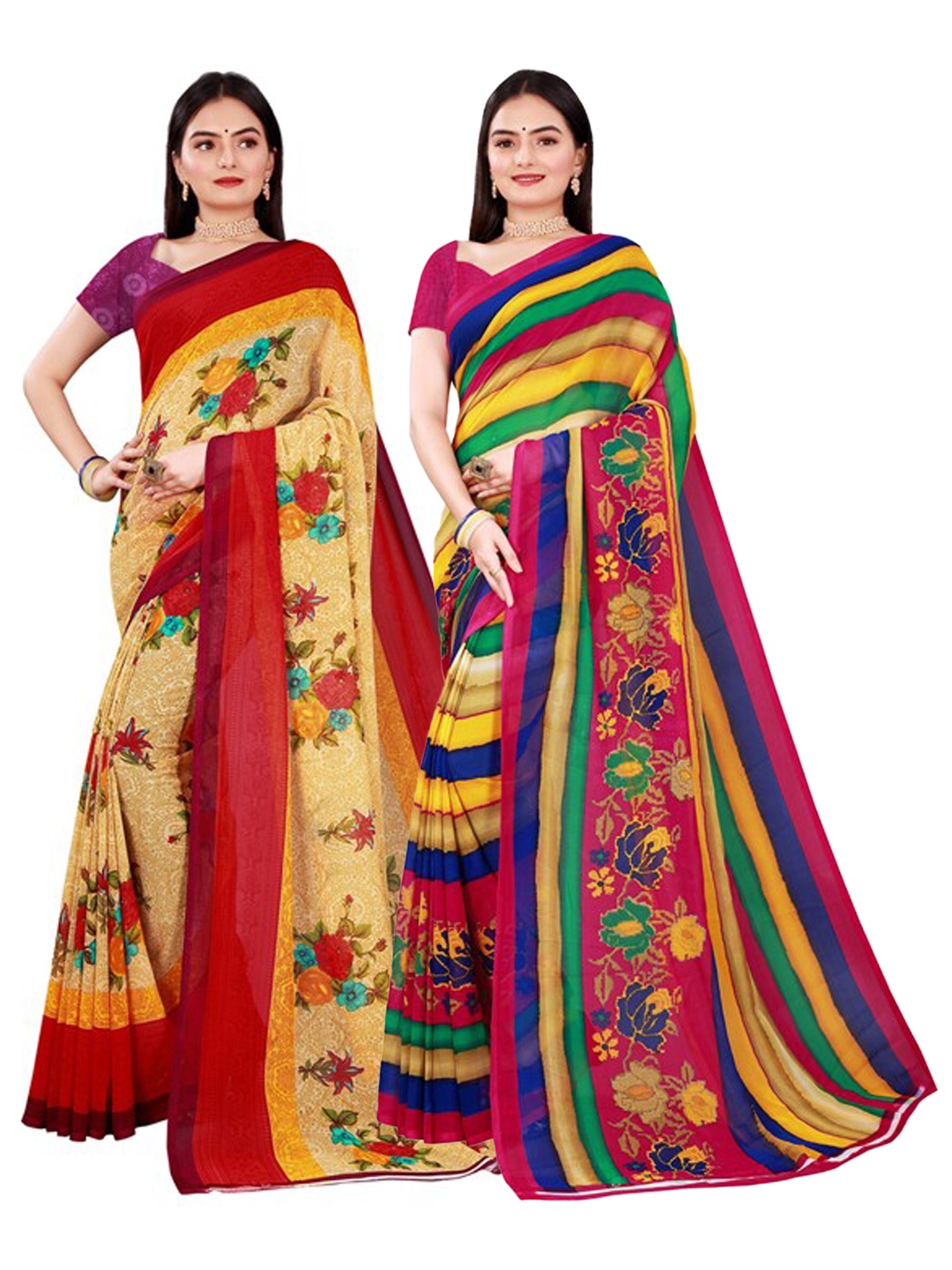 

SAADHVI Pack of 2 Beige & Blue Floral Pure Georgette Saree