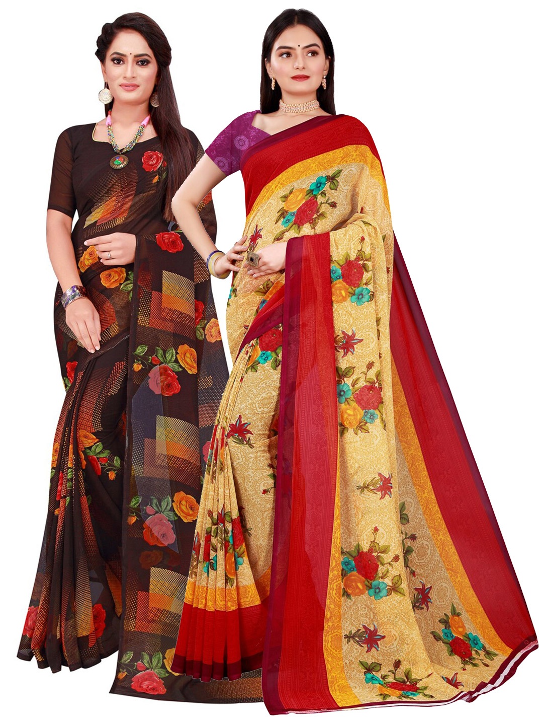 

SAADHVI Pack Of 2 Beige & Navy Blue Floral Pure Georgette Saree