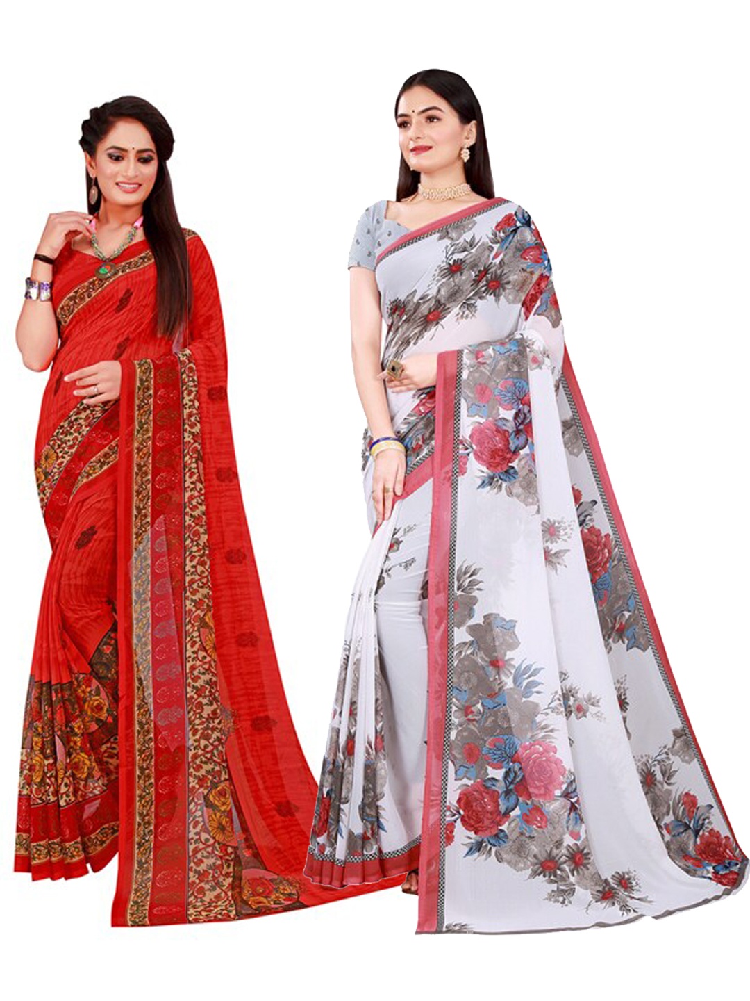 

Florence White & Red Pure Georgette Pack Of 2 Saree