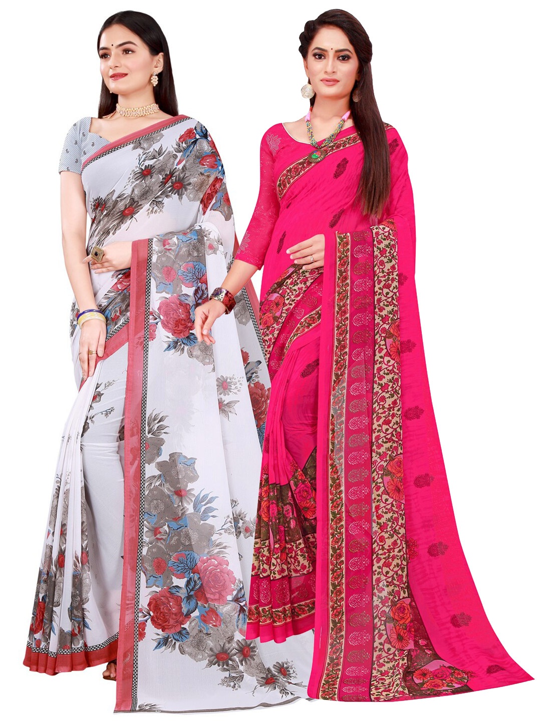 

Florence White & Pink Floral Pure Georgette Saree