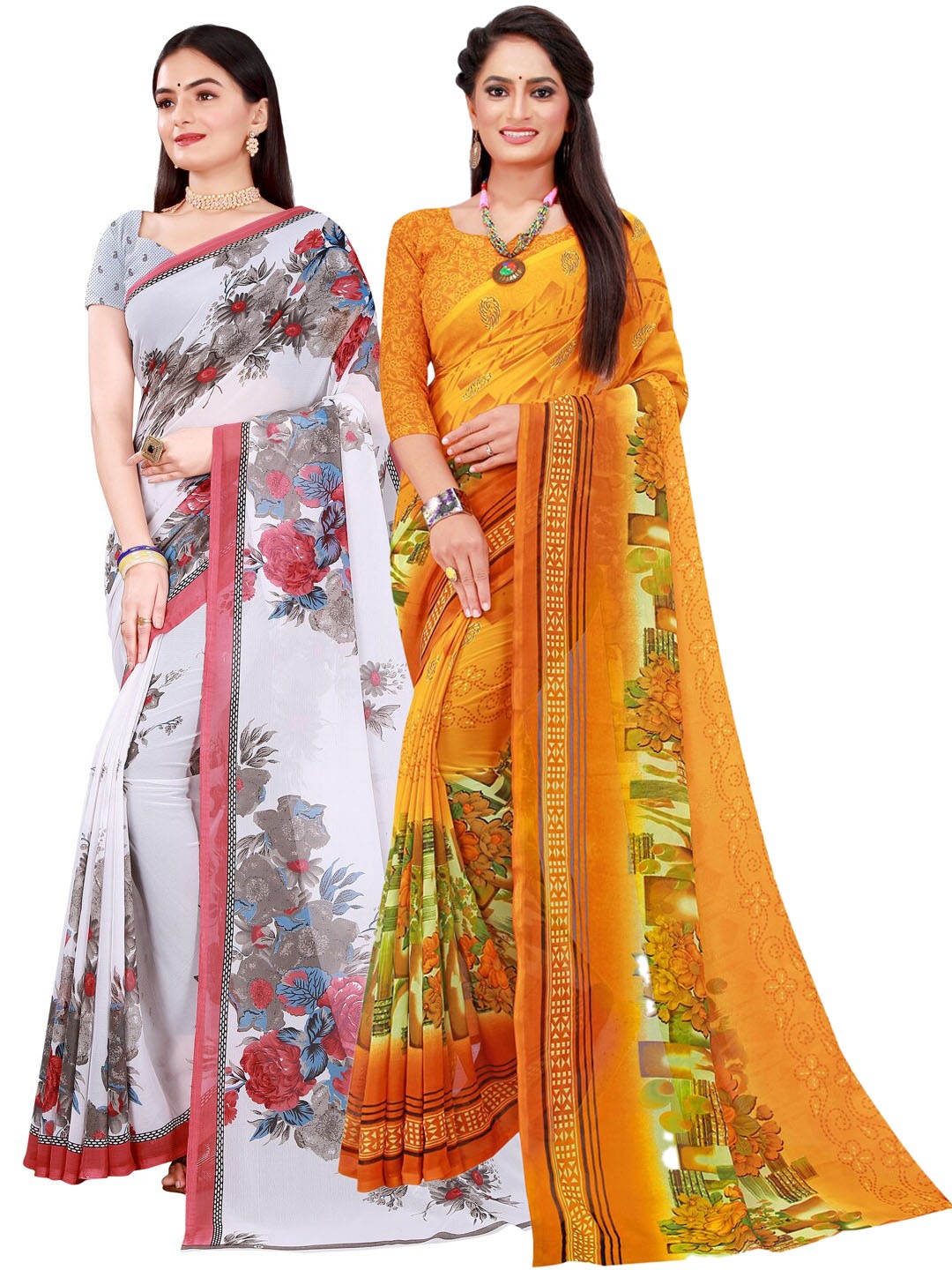 

Florence White & Yellow Pack of 2 Floral Pure Georgette Saree