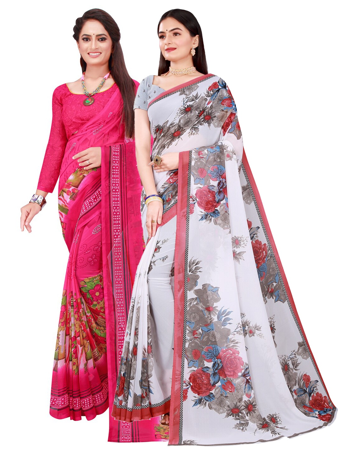 

Florence Pack of 2 White & Pink Floral Pure Georgette Saree