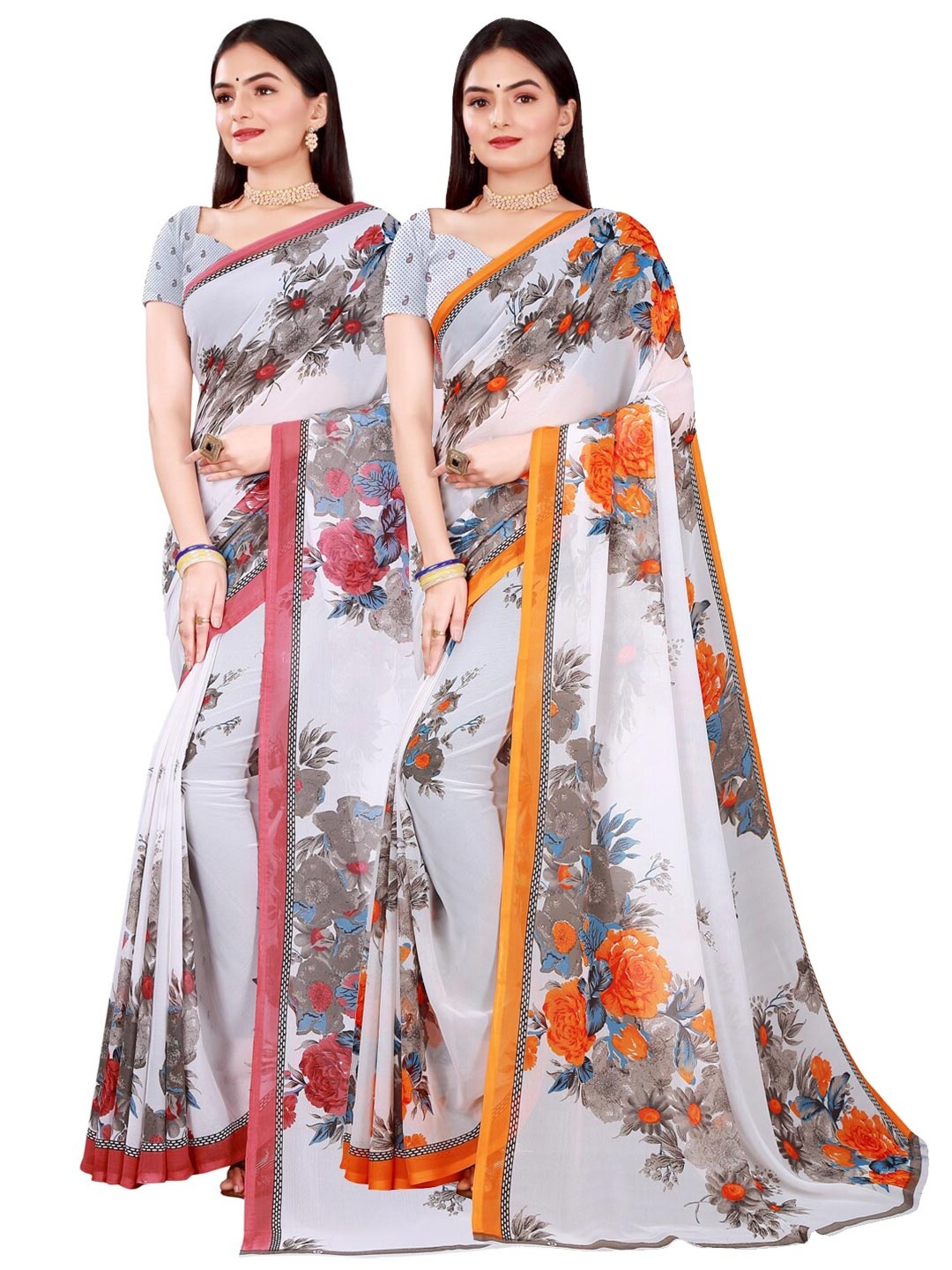 

Florence Set Of 2 White & Grey Floral Pure Georgette Saree