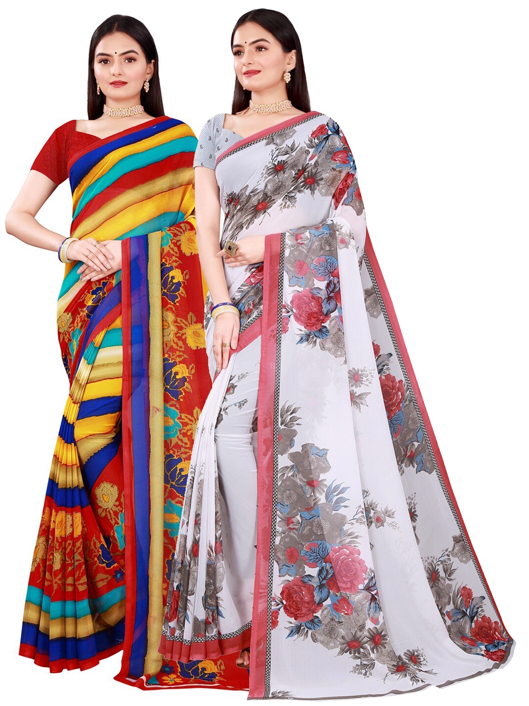 

Florence Set Of 2 White & Yellow Floral Pure Georgette Sarees