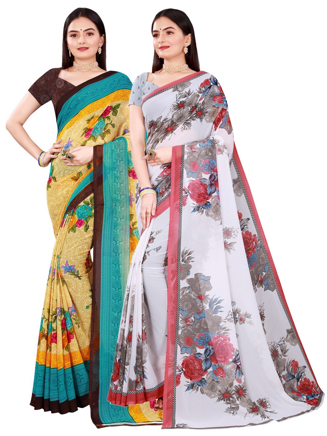 

Florence White & Beige Floral Pure Georgette Sarees Pack of 2
