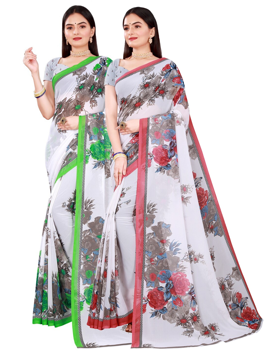 

Florence Pack Of 2 White & Grey Floral Pure Georgette Saree