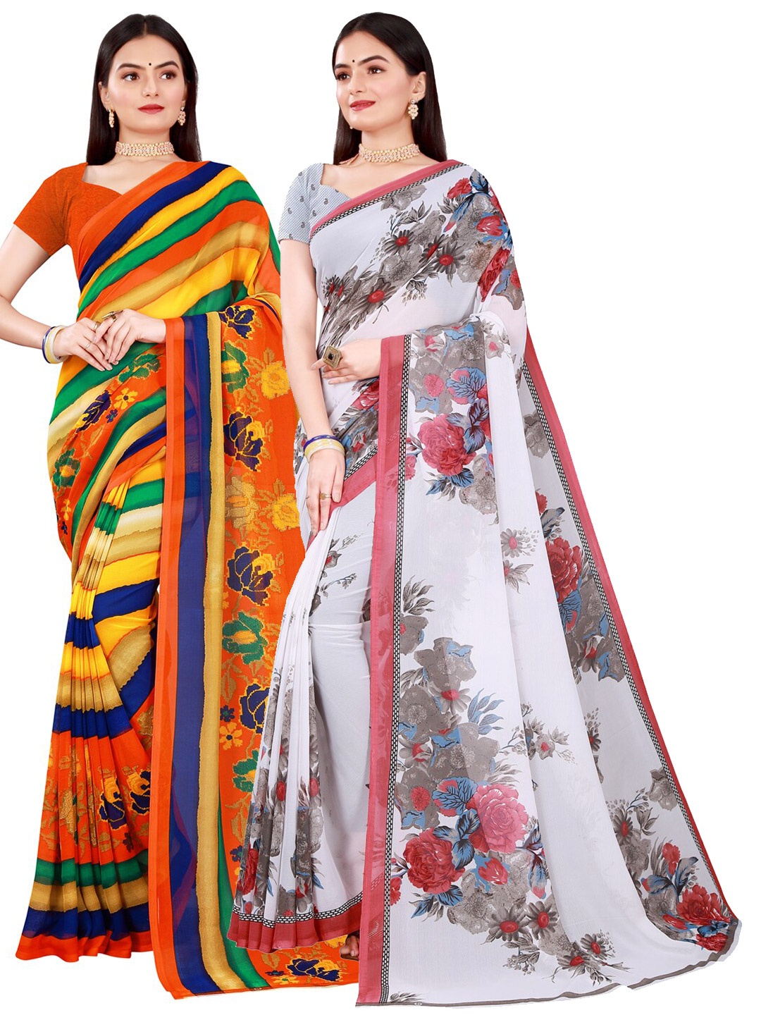 

Florence Pack of 2 White & Orange Floral Printed Pure Georgette Saree