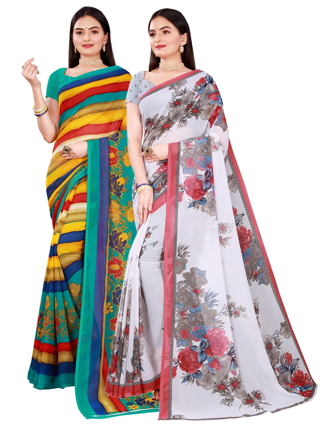 

Florence Pack Of 2 White & Grey Floral Pure Georgette Saree