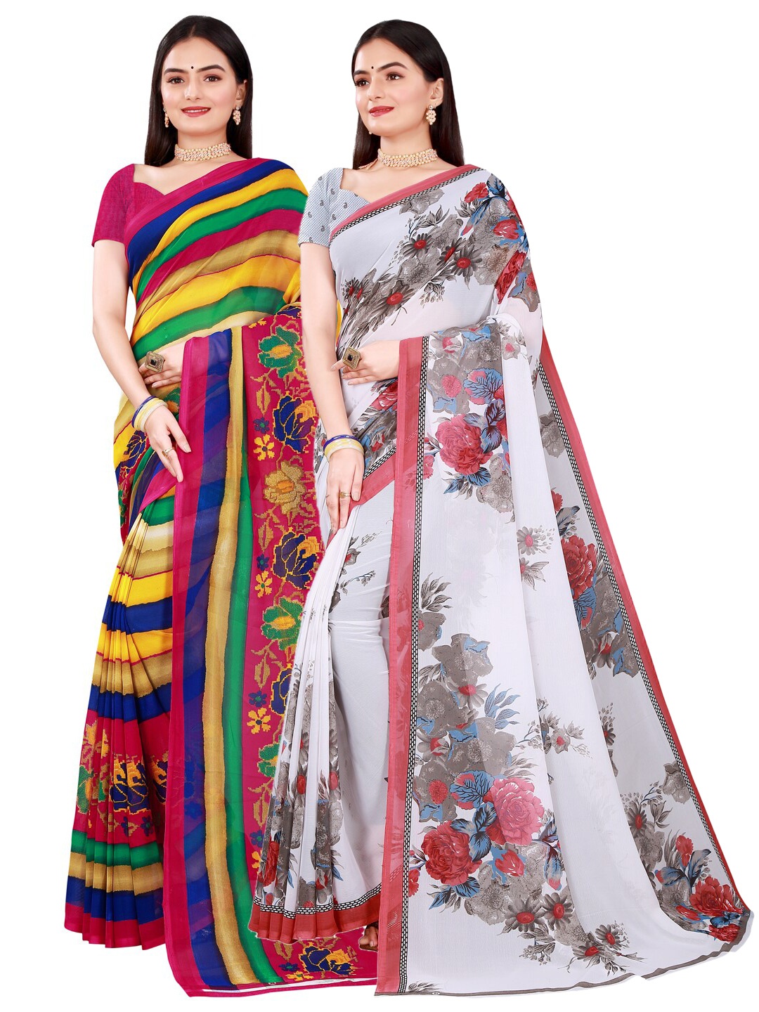 

Florence Set Of 2 White & Pink Floral Pure Georgette Saree