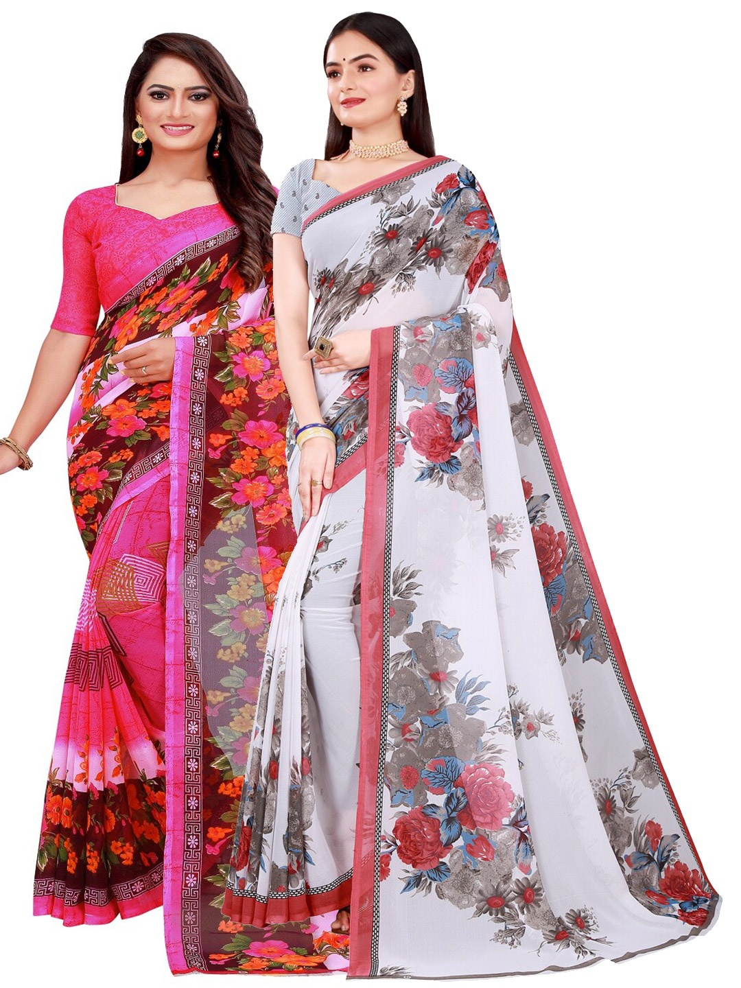 

Florence Women Pack of 2 White & Pink Printed Pure Georgette Saree