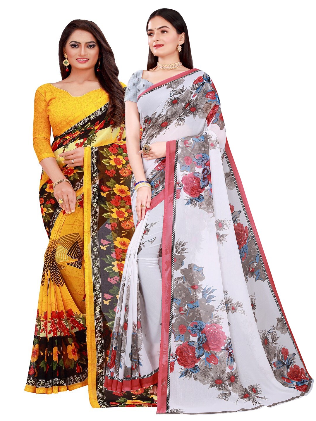 

Florence Pack of 2 Yellow & White Floral Pure Georgette Saree