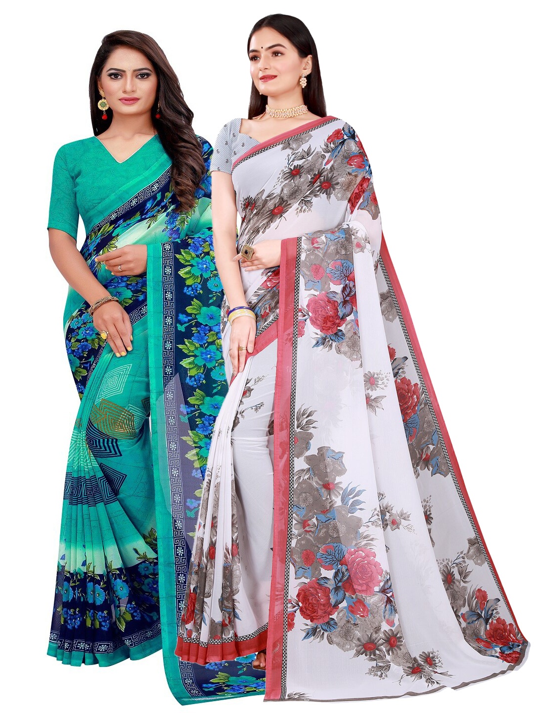 

Florence Pack Of 2 Green & White Floral Pure Georgette Saree