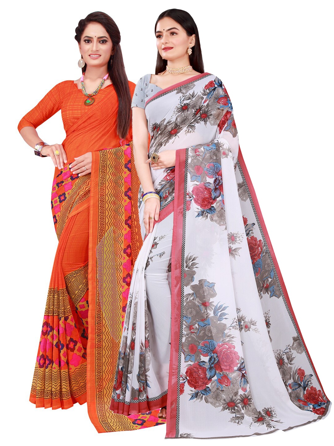 

Florence Pack of 2 Orange & White Floral Pure Georgette Saree