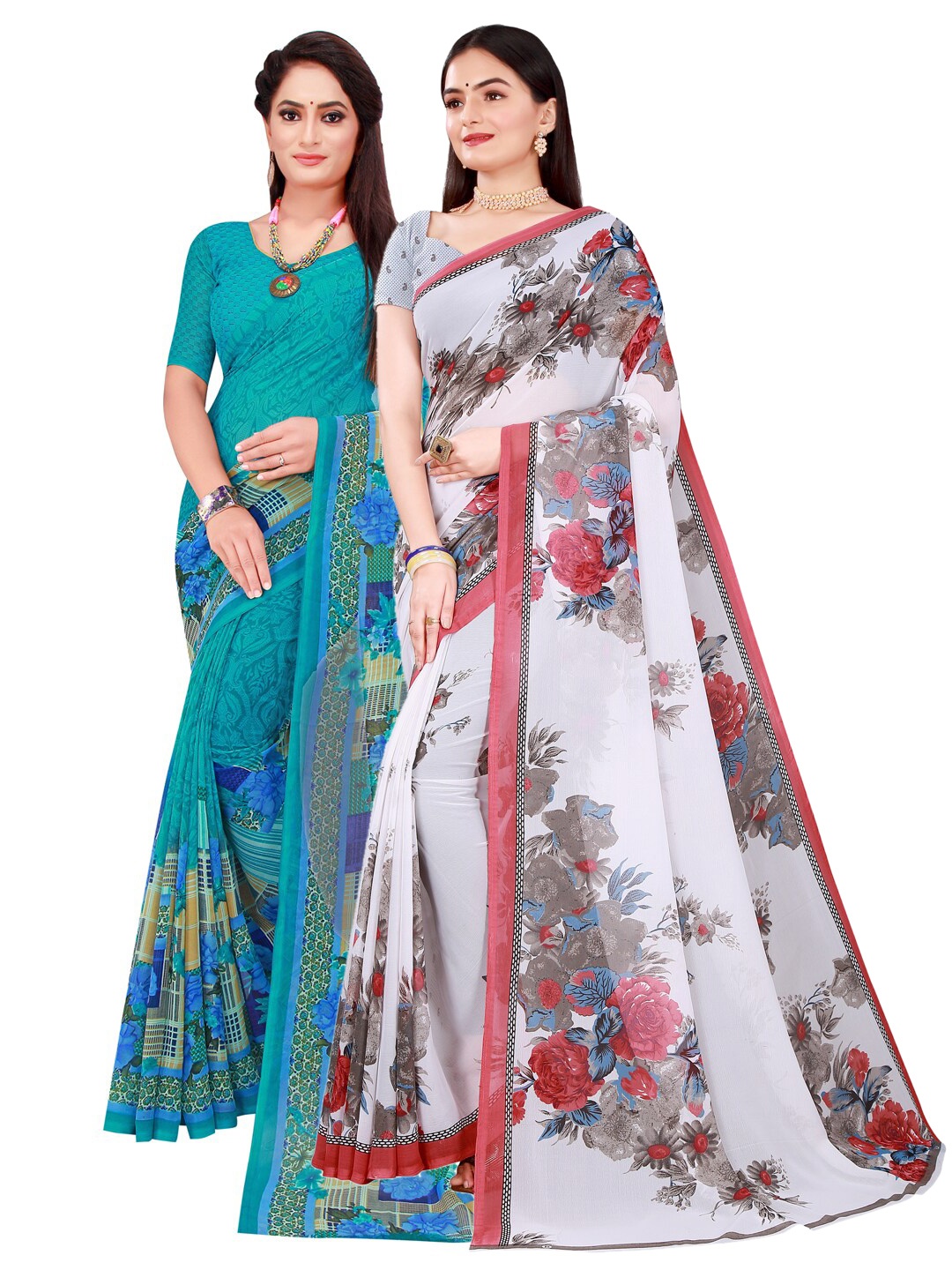 

Florence Pack Of 2 White & Blue Floral Pure Georgette Saree