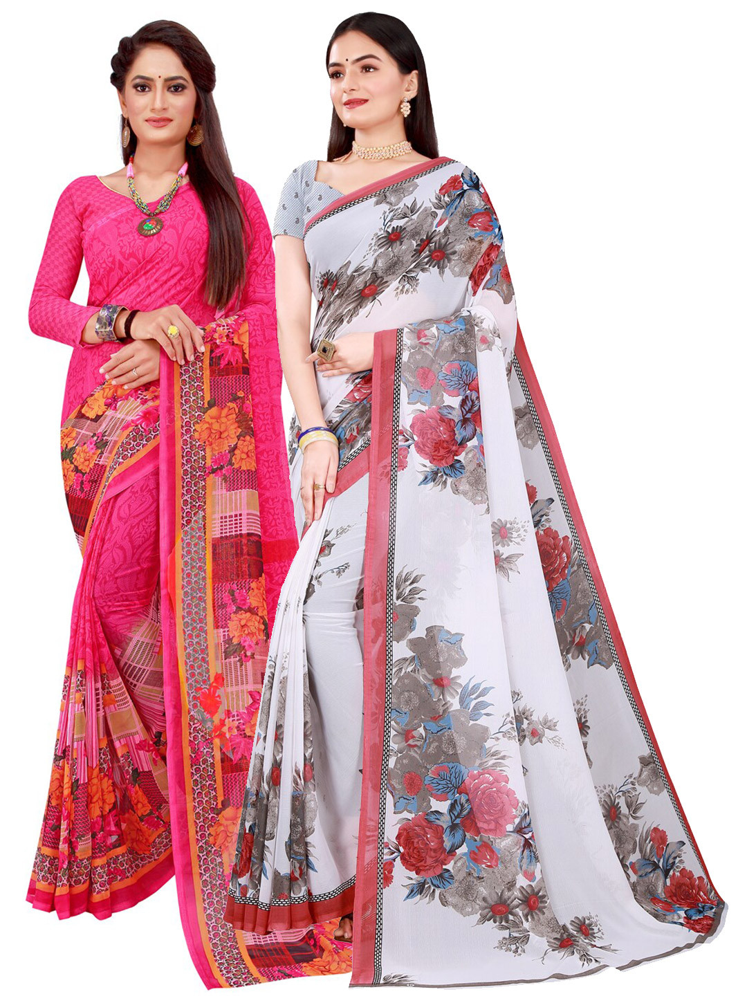 

Florence Women Pack Of 2 Magenta & White Floral Pure Georgette Saree