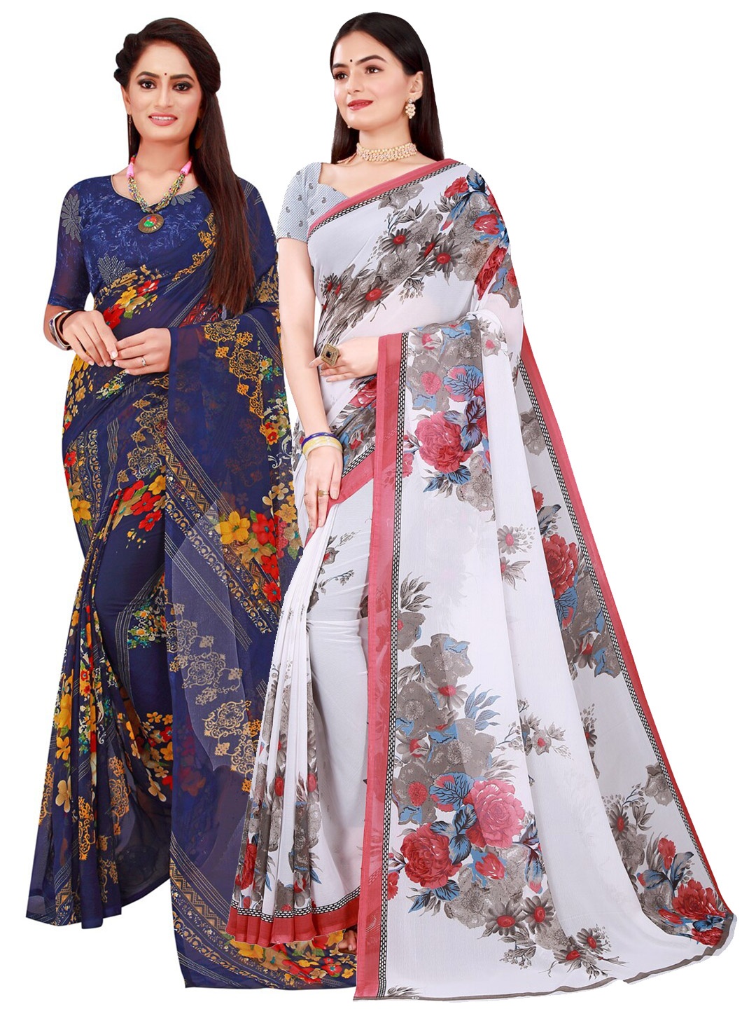 

Florence White & Navy Blue Pure Georgette Saree