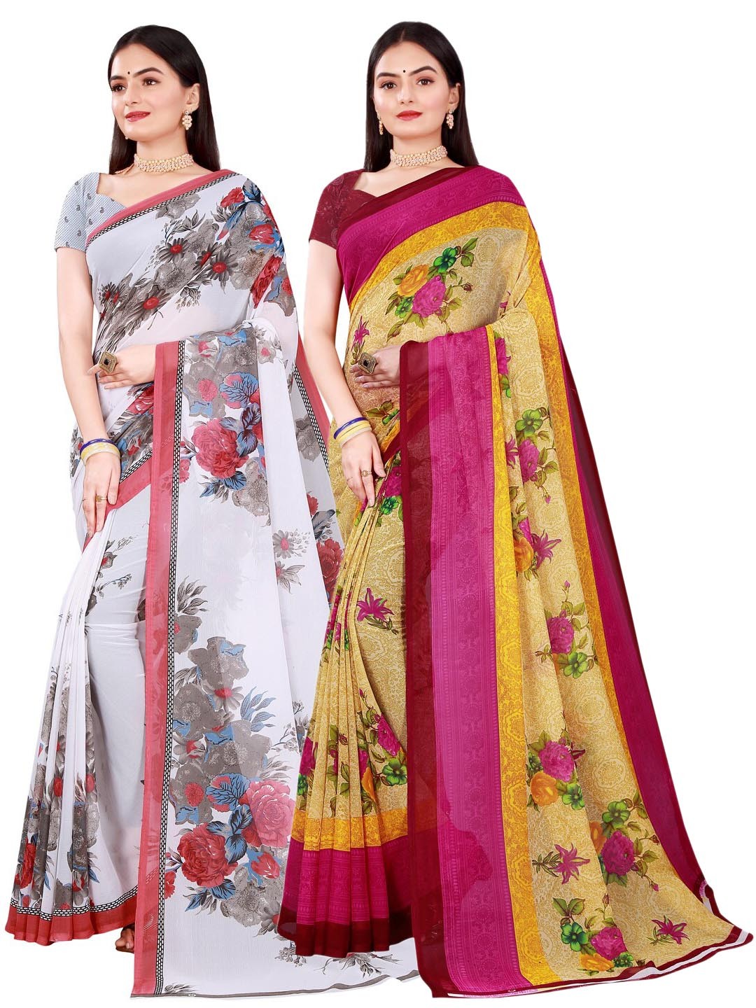 

Florence Pack of 2 Beige & White Floral Pure Georgette Saree