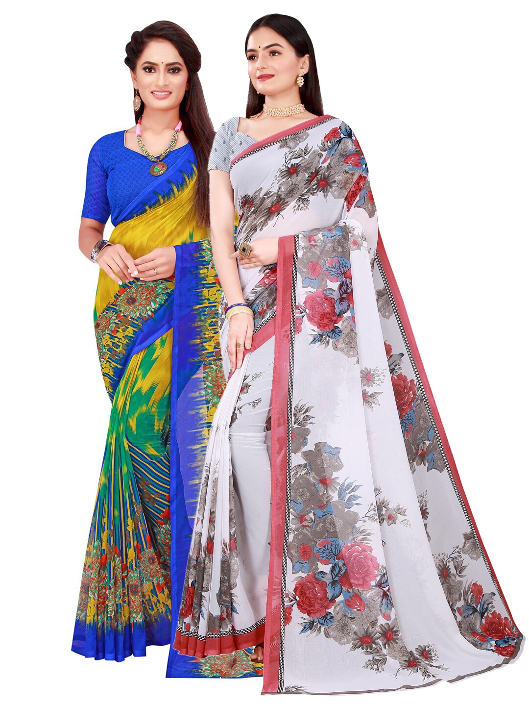 

Florence Pack of 2 White & Blue Floral Pure Georgette Saree