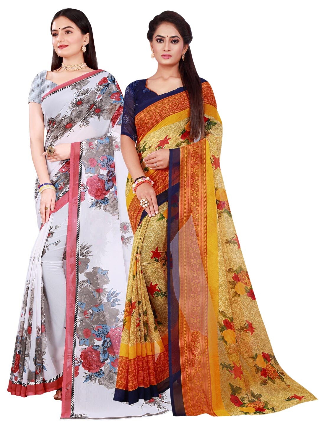 

Florence Women Pack Of 2 White & Beige Printed Pure Georgette Saree